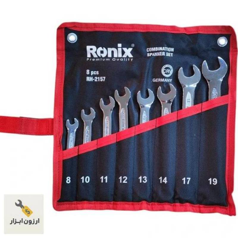 ست ۸ عددی آچار یک سر تخت و یک سر رینگ سایز ۸–۱۹ میلی متر مدل RH‑2157 ساخت هند