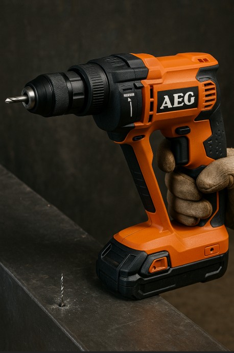 دریل چکشی کابلی AEG SBE500R در حال سوراخکاری فلز