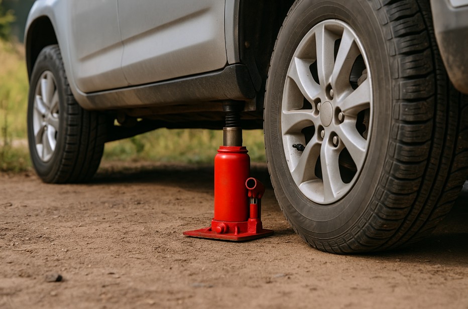 استفاده از جک بطری‌شکل زیر شاسی SUV در فضای بیرون