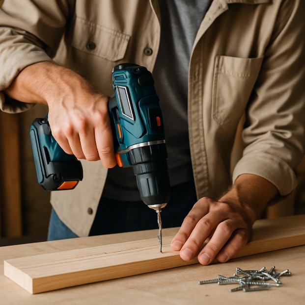 person using cordless drill in workshop