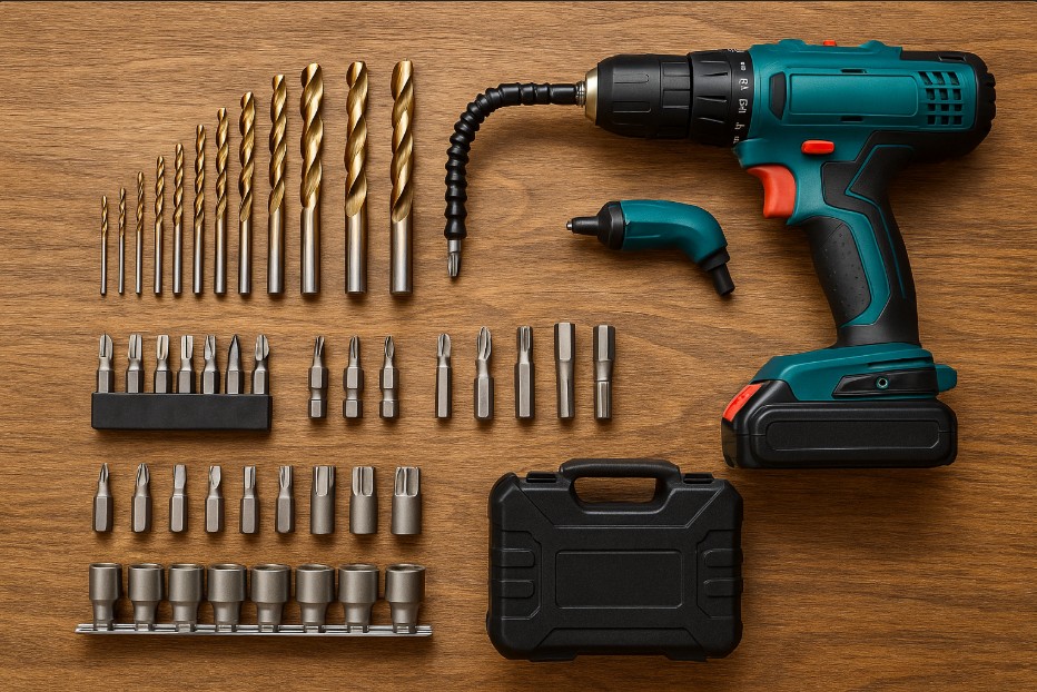 cordless drill with accessories like charger and box