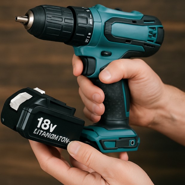cordless drill battery on table